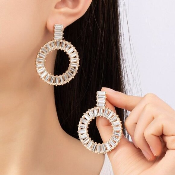 1 LEFT!!! SHIRLEY GOLD RHINESTONE DROP EARRINGS - Picture 2 of 2